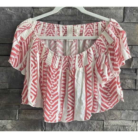 Elan Red And White Cropped Blouse‎ Size Small Small Off Shoulder - Picture 1 of 3